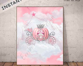 Princess Cinderella Carriage, Wall Art Print, Digital download, Baby girl nursery, Princess decor, nursery wall art, princess nursery room