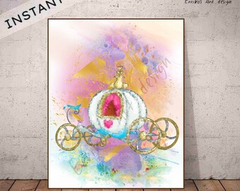 Princess Cinderella Carriage, Digital download, Wall Art Print, Watercolor Princess Art, Kids Nursery Princess Wall Art Decor, Cinderella