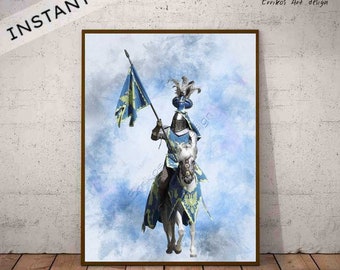 Knight medieval Blue Knight Printable wall Art Print Digital Download