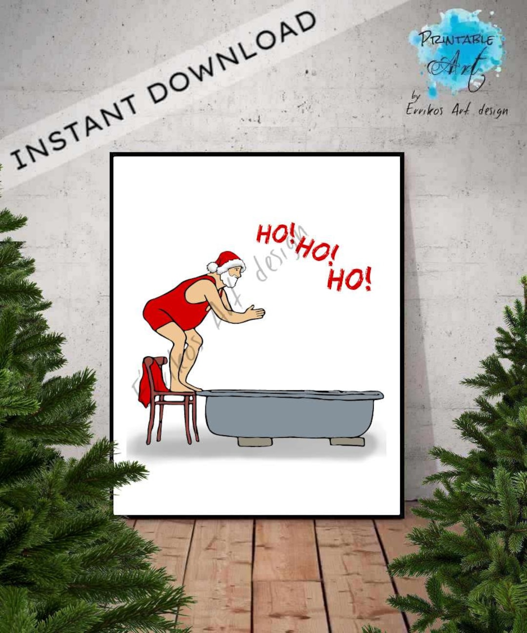 Christmas Bathroom Wall Art Print Santa Instant Download, Printable