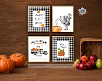 Thanksgiving farm pumpkins SET 4 Prints Instant Download, farmhouse Wall Decor, Give Thanks Printables, Vintage style prints, Home Decor Art