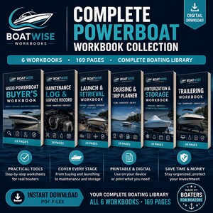Könnte beinhalten: Eine digitale Download-Sammlung von sechs BoatWise-Arbeitsbüchern mit insgesamt 169 Seiten. Das Set enthält Anleitungen für Kauf, Wartung, Zuwasserlassen, Fahrtenplanung, Einwinterung und Transport von Motorbooten mit blau-weißer Grafik.