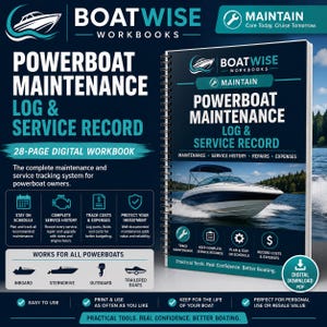 Puede incluir: Un libro de trabajo digital de 28 páginas titulado BoatWise Workbooks Powerboat Maintenance Log & Service Record. La portada muestra una lancha blanca en el agua, con texto sobre mantenimiento, historial y gastos.