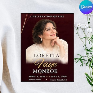 Burgundy Funeral Program Template | Editable Canva Memorial Program | 8 Page Celebration of Life Booklet | In Loving Memory Bifold