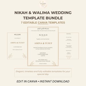 Nikah & Walima Canva Template Bundle | Editable Islamic Wedding Invitation, Welcome Sign, Menu, Seating Chart + Table Numbers