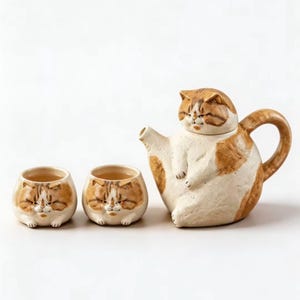 May include: A ceramic tea set consisting of a teapot and two small cups, all featuring a cream-coloured base with brown tabby cat markings. The teapot has a handle, spout, and a lid shaped like a cat head, while the two cups resemble cat faces.