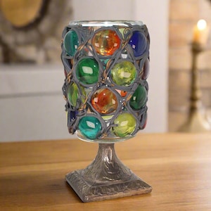 Vintage Hand Made Mid-Century Multi-Color Glass Pebble and Bronze Table Vase Candle Holder