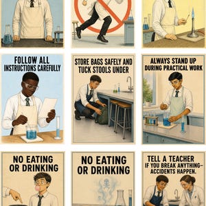 May include: A set of nine educational posters for a science laboratory, each featuring illustrations of students in white aprons and ties following safety protocols, with bold black text instructions like Wear Safety Glasses and Do Not Run.