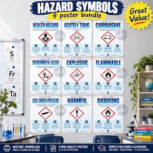 May include: A nine-poster bundle titled Hazard Symbols, featuring white rectangular signs with red diamond icons and black graphics. Each poster displays specific safety information, including Health Hazard, Acutely Toxic, Corrosive, Environmental Hazard, Explosive, Flammable, Gas Under Pressure, Harmful, and Oxidising.