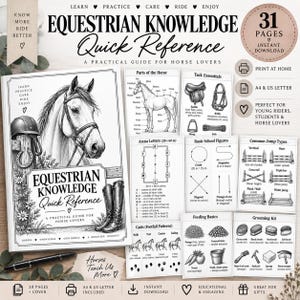 Può includere: Una guida di riferimento rapido sull'equitazione con 31 pagine di informazioni sui cavalli. La copertina mostra un'illustrazione di una testa di cavallo, stivali e un casco con il testo Equestrian Knowledge Quick Reference.