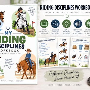 May include: A Riding Disciplines Workbook featuring illustrations of riders on horses, including show jumping and western styles. The cover displays the title, text, and various horse-related graphics. Includes 20 printable pages in A4 size PDF format.