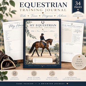 May include: An equestrian training journal featuring a dark blue cover with an illustration of a rider on a brown horse. The journal includes 34 pages with sections for horse details, training goals, and progress tracking, presented in a digital format.