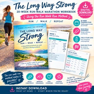 Könnte beinhalten: Das 20-wöchige Lauf-Geh-Marathon-Arbeitsbuch The Long Way Strong zeigt ein Cover mit einer Straßenlandschaft sowie Innenseiten mit einem wöchentlichen Trainingsplan und einem Verhältnis-Leitfaden. Der digitale Download enthält Lauf-Geh-Anleitungen, Protokolle für Flüssigkeitszufuhr und einen Plan für den Renntag.