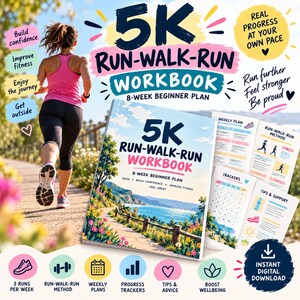 May include: A 5K Run-Walk-Run Workbook 8-week beginner plan with a cover illustration of a coastal path. The workbook includes pages for weekly plans, run-walk-run methods, trackers, and tips. The design features text, icons, and a runner.