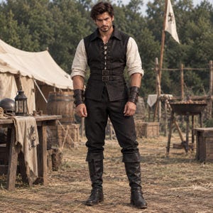 May include: A person wearing a cream-coloured long-sleeved shirt under a black waistcoat with a lace-up front and two buckled straps at the waist. The outfit includes black trousers, dark leather wrist cuffs, and tall black leather boots.