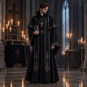 May include: A floor-length black robe featuring a hood, long sleeves, and a structured collar. The garment is adorned with intricate silver embroidery along the edges and down the front panels, complemented by a matching silver cross pendant necklace.