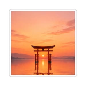 Torii Gate Sunset Sticker, Japanese Shrine Vinyl Decal, Zen Japan Sticker, Japanese Culture Gift, Laptop Journal Sticker