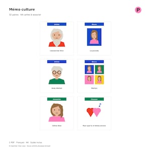 Peut inclure: Un jeu de cartes mémoire à imprimer intitulé Mémo culture, comprenant 32 paires et 64 cartes à associer. Les cartes présentent des illustrations stylisées d'artistes comme Léonard de Vinci et Andy Warhol, leurs œuvres et des interprètes musicaux.