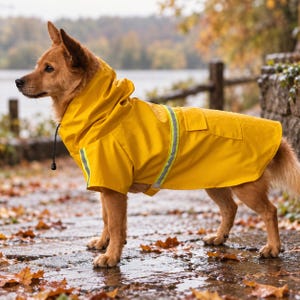 Peut inclure: Un imperméable pour chien jaune vif doté d'une capuche, d'un cordon de serrage au cou et de bandes réfléchissantes argentées sur les manches et le torse. Le vêtement présente une texture lisse et imperméable avec une petite poche latérale.