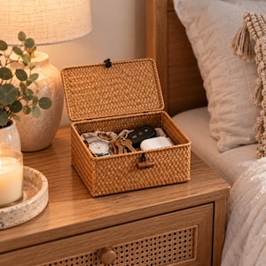 Puede incluir: Una caja de almacenamiento rectangular trenzada con tapa abatible y un pequeño cierre de palanca de madera. El interior contiene un reloj de pulsera plateado, un juego de llaves de metal en un anillo y un estuche electrónico blanco rectangular.