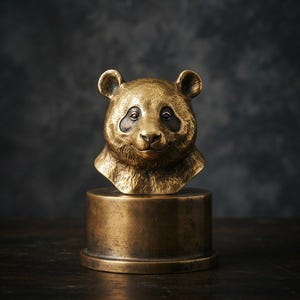 Op de afbeelding: Een koperen sculptuur van een pandabeerkop gemonteerd op een cilindrische koperen voet. De panda heeft gedetailleerde vachttexturen, donkere oogvlekken en een gladde, gepolijste afwerking. Het gehele object is vervaardigd uit massief metaal.