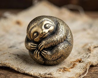 Halloween Solid Yellow Brass Sloth Figurine, Victorian Animal Sculpture, Collectible Desk Ornament