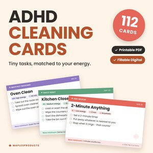 ADHD Cleaning Cards, 112 Energy-Based Chore Deck, Executive Function Cleaning System, Printable PDF + Fillable Digital Checklist