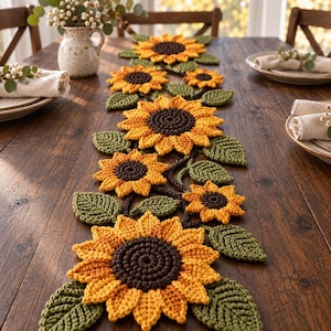 Puede incluir: Un camino de mesa de ganchillo que presenta una serie de girasoles amarillos y marrones con centros de color marrón oscuro y hojas verdes texturizadas. El diseño floral está dispuesto en un patrón lineal con intrincadas puntadas de hilo.