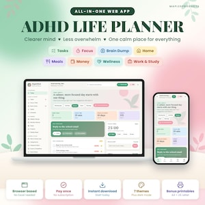 ADHD Life Planner Web App, All in One Digital Planner, Brain Dump, Focus Timer, Habit Tracker, Budget, Meal and Cleaning Planner, No Excel