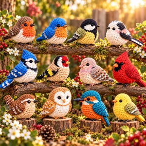 Op de afbeelding: Een verzameling van elf gehaakte vogelbeeldjes in diverse kleuren en soorten, waaronder een blauwe gaai, kardinaal, uil en ijsvogel, zittend op houten takken en kleine boomstammetjes te midden van groen gebladerte en witte bloemen.