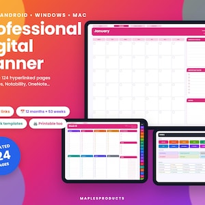 May include: A professional digital planner displayed on three screens, featuring a January monthly calendar, a weekly schedule, and an index page. The interface includes colorful side tabs, 124 hyperlinked pages, and text indicating compatibility with iPad, Android, Windows, and Mac.
