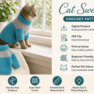 Könnte beinhalten: Eine digitale Häkelanleitung für einen Katzenpullover mit dem Text Cat Sweater CROCHET PATTERN. Das Bild zeigt eine Katze in einem blau-grauen Pullover, einen weiteren Pullover darunter sowie Symbole für PDF, Druck und Anleitungen.