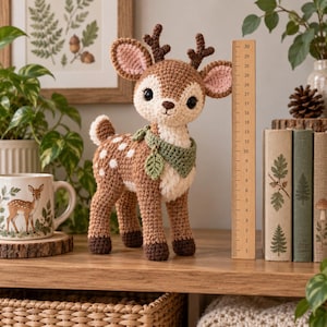 May include: A brown and white crocheted deer plush toy with dark brown hooves, antlers, and a green scarf featuring a leaf charm. A wooden ruler placed next to the deer indicates a height of approximately 30 centimetres.