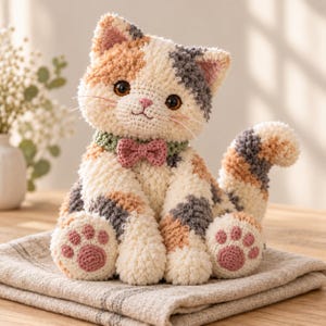 May include: A crocheted calico cat plush toy featuring a cream, orange, and grey textured yarn body. The cat has large brown eyes, a pink nose, and a green collar with a small pink bow tie. Its front paws display stitched pink paw pads.