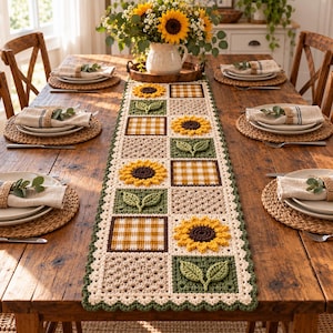 May include: A rectangular crochet table runner featuring a repeating pattern of sunflowers, green leaves, and brown and white gingham squares. The runner has a cream-coloured base with a scalloped green border, laid flat on a wooden table.