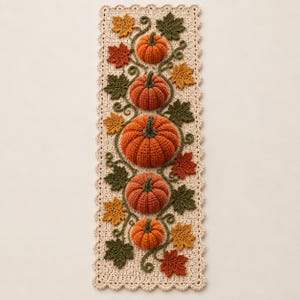 May include: A rectangular crochet table runner in cream with a scalloped edge, featuring five orange pumpkins of varying sizes arranged vertically, surrounded by crocheted green vines and autumn-coloured maple leaves in shades of red, orange, and green.