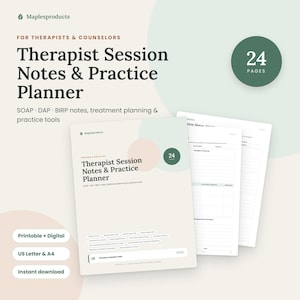 Op de afbeelding: Een 24-pagina tellende therapeutensessie-notitie- en praktijkplanner met sjablonen voor SOAP-, DAP- en BIRP-notities, behandelplanning en praktijktools. Het document is beschikbaar in A4-formaat voor printbaar en digitaal gebruik.