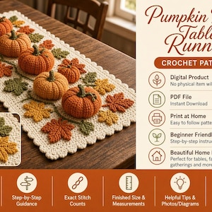 Może przedstawiać: Wzór szydełkowy na bieżnik stołowy o nazwie Pumpkin Tabler Table Runner z kremową bazą ozdobioną pomarańczowymi dyniami oraz zielonymi i żółtymi jesiennymi liśćmi. Produkt cyfrowy zawiera szczegółowe instrukcje i schematy.