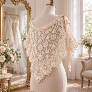 May include: A cream-colored crochet shawl featuring an intricate floral pattern with scalloped edges and small pearl accents. The garment is draped over a mannequin and includes thin satin ribbons tied at the shoulders to secure the piece.
