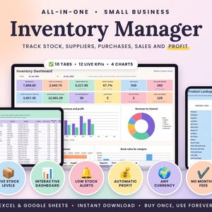 Könnte beinhalten: Ein All-in-One-Inventar-Manager für kleine Unternehmen für Excel und Google Sheets. Die Benutzeroberfläche zeigt ein Inventar-Dashboard, eine Produktliste und ein Suchwerkzeug mit Diagrammen, KPIs und Reitern zur Verfolgung von Lagerbeständen.