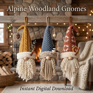 May include: Three hanging gnome ornaments with tall, textured hats in mustard yellow, blue, and rust orange. Each gnome features a round wooden nose, a fluffy white beard, and decorative accents including a pinecone, bird, and dried orange slice.