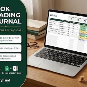 May include: A digital book reading journal template displayed on a laptop screen, featuring a spreadsheet with columns for title, author, pages, rating, and status. The interface includes summary statistics and compatibility with Google Sheets and Excel.