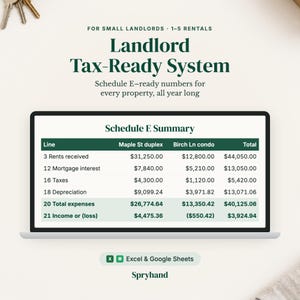 Landlord Tax Spreadsheet | Schedule E Rental Property Tracker for Excel & Google Sheets | Rental Income, Expenses, Depreciation, Mileage