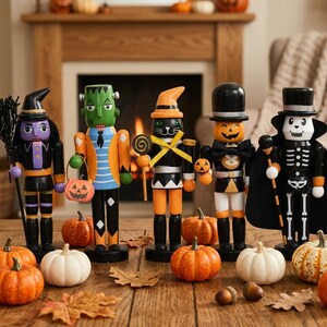 Könnte beinhalten: Ein Set aus fünf hölzernen Nussknackern mit Halloween-Motiven: eine Hexe mit Besen, ein grünes Monster, eine schwarze Katze mit Lutscher, eine Kürbisfigur mit Zylinder und ein Skelett mit Umhang, die alle auf einer Holzoberfläche stehen.