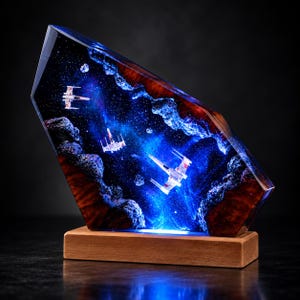 May include: A decorative resin and wood sculpture featuring three miniature white starfighter spacecraft suspended within a deep blue, glowing nebula-like space scene, set on a rectangular wooden base with a polished, angular top edge.