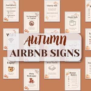 Può includere: Una collezione di cartelli informativi rettangolari per un Airbnb, con sfondo color crema e illustrazioni autunnali di foglie e zucche. I cartelli includono testo per servizi di emergenza, check-out, regole e animali.