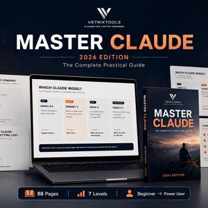 May include: A laptop displaying a guide titled Master Claude 2026 Edition, alongside a physical book with the same title. The screen shows a comparison of Claude models including Haiku 4.5, Sonnet 5, Opus 5, and Fable 5.1, with text detailing 88 pages and 7 levels.