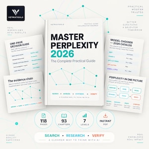 Peut inclure: Un livre blanc intitulé Master Perplexity 2026 The Complete Practical Guide par VetrixTools, entouré de quatre fiches informatives détaillant les flux de travail IA, la sélection de modèles et les chaînes de preuves, avec 118 pages et 93 chapitres.