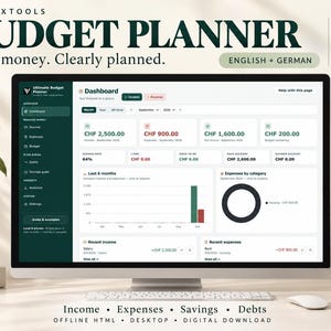 Op de afbeelding: Een digitale budgetplanner weergegeven op een computermonitor, met een dashboard met financiële gegevens in Zwitserse frank. De interface bevat secties voor het bijhouden van inkomsten, uitgaven, spaargeld en schulden, met grafieken en tabellen.