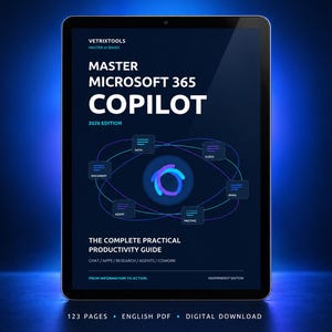 May include: A digital tablet displaying a dark blue cover for the Master Microsoft 365 Copilot 2026 Edition guide. The cover features a central circular graphic, orbiting icons labeled Data, Slides, Email, Meeting, Agent, and Document, with the text The Complete Practical Productivity Guide and From Information to Action.